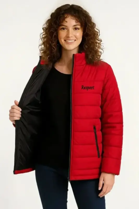 Mikro Su İtici Kapitone Baskılı Astarlı Fermuarlı Bomber Mont - Kırmızı - BÜYÜKBEDENIZ