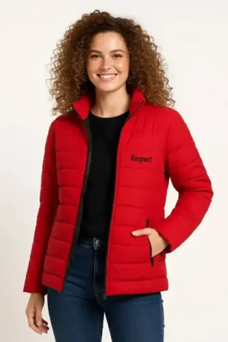 Mikro Su İtici Kapitone Baskılı Astarlı Fermuarlı Bomber Mont - Kırmızı - 3