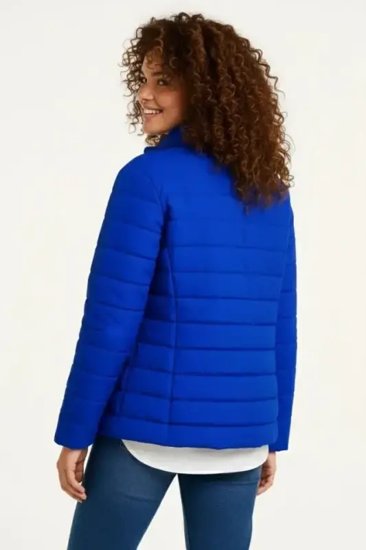 Mikro Su İtici Kapitone Baskılı Astarlı Fermuarlı Bomber Mont - Saks Mavisi - 3