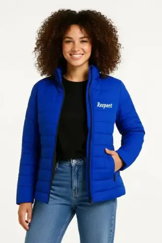 Mikro Su İtici Kapitone Baskılı Astarlı Fermuarlı Bomber Mont - Saks Mavisi - BÜYÜKBEDENIZ (1)