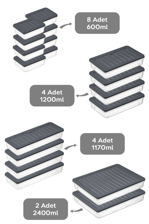 Mikrodalga ve Dondurucu Uyumlu 18 Parça Saklama Kabı Seti, 2x2400Ml 4x1200Ml 4x1170Ml 8x600Ml, Antrasit - 2