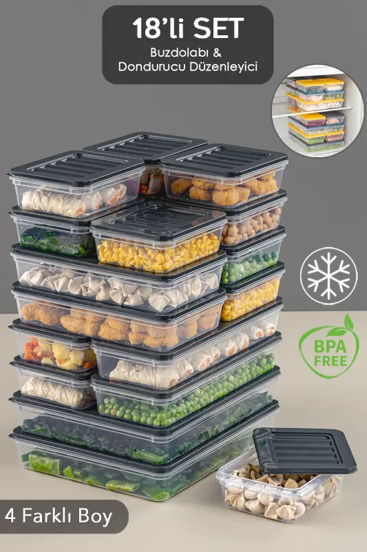 Mikrodalga ve Dondurucu Uyumlu 18 Parça Saklama Kabı Seti, 2x2400Ml 4x1200Ml 4x1170Ml 8x600Ml, Antrasit - MELENI HOME