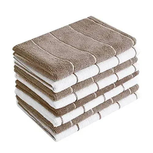 Microfiber Kitchen Towels - Super Absorbent, Soft and Solid Color Dish Towels, 8 Pack (Stripe Designed Brown and White Colors), 26 x 18 Inch - 1