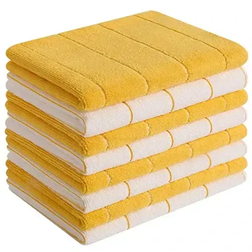 Microfiber Kitchen Towels - Super Absorbent, Soft and Solid Color Dish Towels, 8 Pack (Stripe Designed Yellow and White Colors), 26 x 18 Inch (Yellow) 