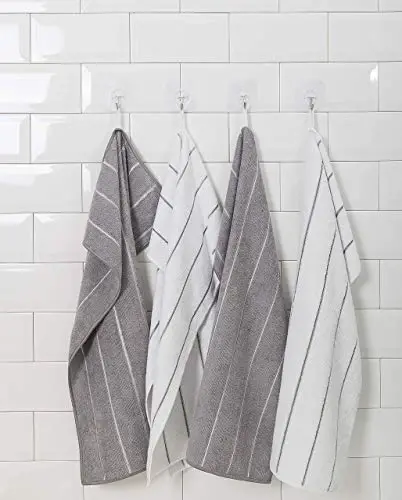 Microfiber Kitchen Towels - Super Absorbent, Soft and Solid Color Dish Towels, 8 Pack (Stripe Designed Grey and White Colors), 26 x 18 Inch 