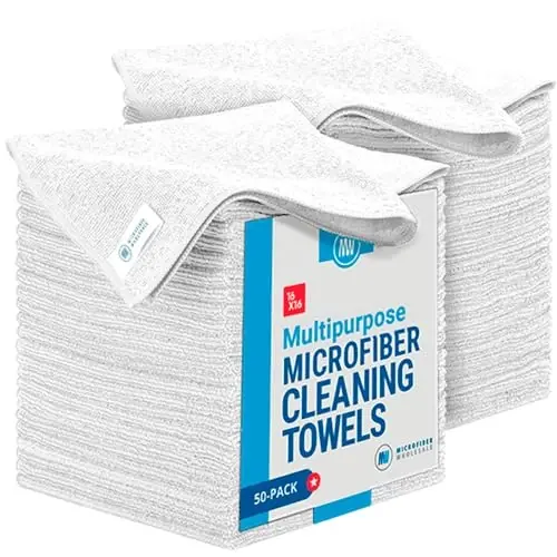 Microfiber Wholesale All Purpose Microfiber Towels - 50 Pack - Reusable Wash Cloths, Dust, Kitchen, Car, Shop Rags for Cleaning (White) - 1