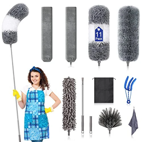 Microfiber Duster Kit (11PCS) - Washable Dusters with Extension Pole (30 to 100 in) for Cleaning Ceilings, Fans, Furniture - DTZERT