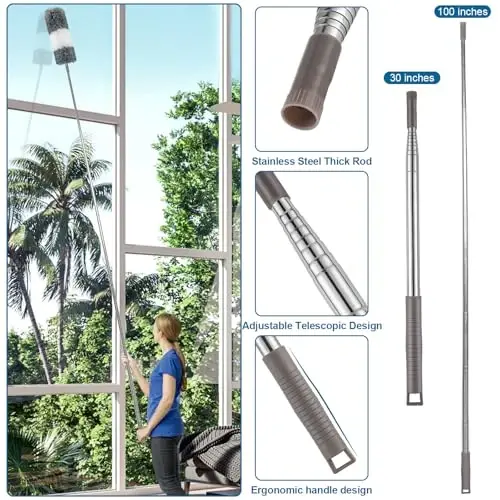 Microfiber Duster, 4PCS with Extension Pole(Stainless Steel) 30 to 100 Inches, Reusable Bendable Dusters, Washable Lightweight Dusters for Cleaning Ceiling Fan, High Ceiling, Blinds, Furniture, Cars - 4