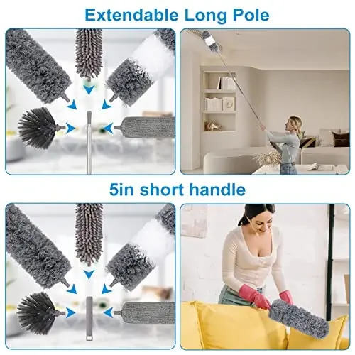 Mikrofiber uzayabilir toz alma fırçası (11 adet) 100 inç uzatma çubuğu ile, yıkanabilir, tekrar kullanılabilir, bükülebilir toz alıcılar, tavan vantilatörü, yüksek tavan, TV, panjur, arabalar için. - 4