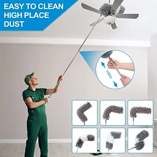 Микрофибровый удлиняемый пыльник (11 шт.) с удлинителем 100 дюймов, моющиеся многоразовые гибкие пыльники для очистки потолочного вентилятора, высокого потолка, телевизора, жалюзи, автомобилей - 2