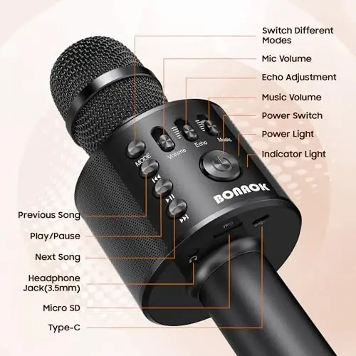 Микрофон для караоке BONAOK Wireless Bluetooth, 3-в-1, портативный, ручной, микрофонный, динамик, домашняя вечеринка, день рождения, для всех смартфонов Q37 (черный) - 4