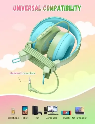 Mikrofonli New Bee 2 Pack Bolalar Naushniklari, 85dB/94dB Xavfsiz Ovoz Cheklangan Bolalar Naushnigi, Maktab Sayohati uchun Yig'iladigan Simli Kichkintoy Naushniklari Mac/Android/Kindle/Tablet/Pad uchun - Yashil Pushti - 3
