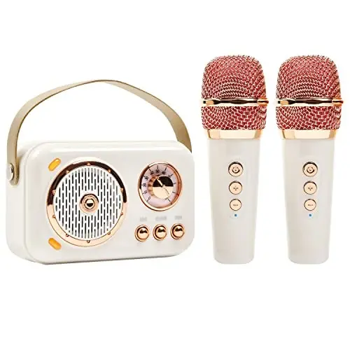 Mikrofonli portativ Bluetooth karnay, Uy karaoke mashinasi bilan retro Bluetooth karnay, Bolalar va kattalar uchun uy partiyasi va tug‘ilgan kun uchun qo‘lda karaoke mikrofonli karnay mashinasi (oq) - 1