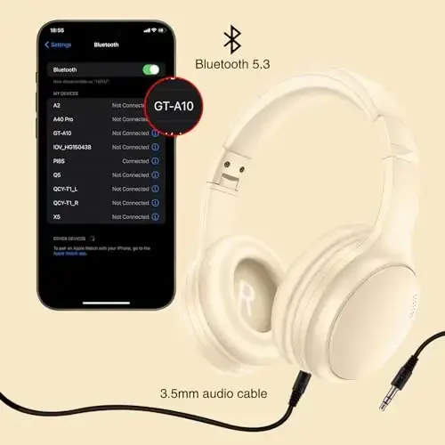 Bingozones Bluetooth Active Noise Cancelling Headphones with Microphone, A10 Wireless Headset Over Ear, 20H+ Playtime, Bluetooth 5.3, Lightweight Wired Headphones for Tablet/PC - Beige - 4