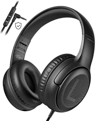 awatrue Kids Headphones for School Travel, 85/94dB Safe Volume Limit, 3.5mm Jack, HD Mic, Portable Wired Headphone with Shareport, Stereo Sound On-Ear Headphones for Toddler Kids Girls Boys Black 
