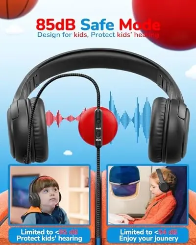 awatrue Kids Headphones for School Travel, 85/94dB Safe Volume Limit, 3.5mm Jack, HD Mic, Portable Wired Headphone with Shareport, Stereo Sound On-Ear Headphones for Toddler Kids Girls Boys Black - AWATRUE (1)