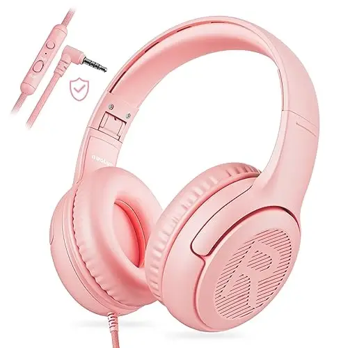 Kids Headphones with Microphone Foldable Stereo Tangle-Free 3.5mm Jack Wired Cord On-Ear Headset for Children/Teens/Boys/Girls/Smartphones/School/Kindle/Airplane Travel/Plane/Tablet (Pink) 