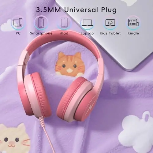 Candy Bila Kids Wired Headphones for Kids with Microphone, 85/94dB Volume Limiter Headphones for Girls Boys, Light Pink - 7