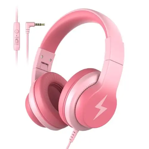Candy Bila Kids Wired Headphones for Kids with Microphone, 85/94dB Volume Limiter Headphones for Girls Boys, Light Pink 