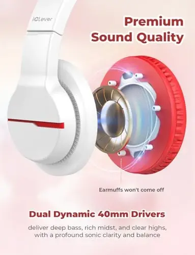 iClever HS19 Kids Headphones with Microphone, 74/85dBA Volume Limiter - Shareport - Over Ear Stereo Headphones for Kids Boys Girls, Foldable 3.5mm Jack Wired Headphone for iPad/School/Travel, White - 4