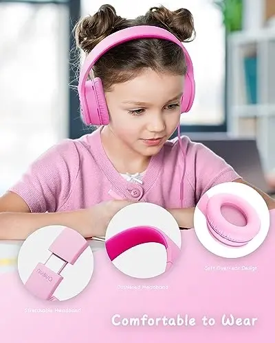 NIVAVA Wired Headphones with Microphone, K16 On-Ear Headphones for Kids with 3.5MM Jack, Foldable Stereo Bass Headphones for Teens SchoolModazoneKindle, Fire, Chromebook, Tablet(Pink Red) - 2