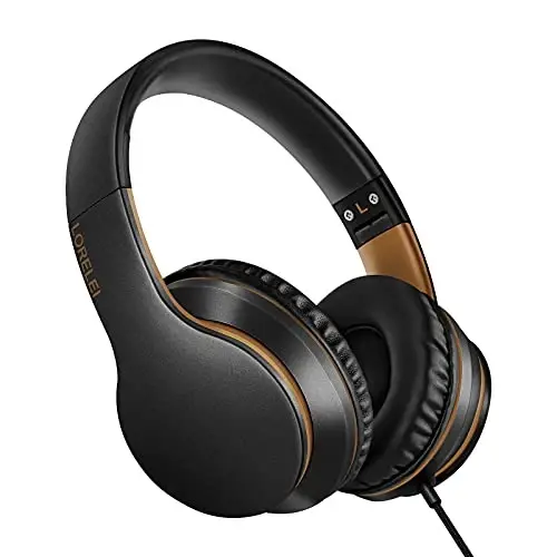 LORELEI X6 Over-Ear Headphones With Microphone, Lightweight Foldable & Portable Stereo Bass With 1.45M No-Tangle Wired for Smartphone Tablet MP3/4 (Black-Gold) - LORELEI