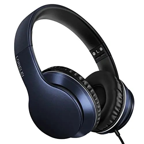 LORELEI X6 Over-Ear Headphones with Microphone, Lightweight Foldable & Portable Stereo Bass Headphones with 1.45M No-Tangle, Wired Headphones for Smartphone Tablet MP3 / 4 (Dark Blue) - LORELEI