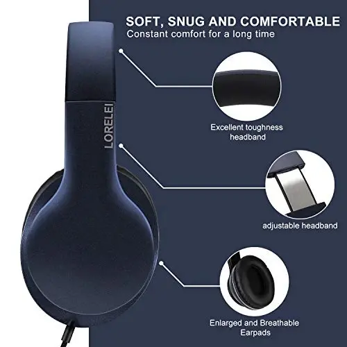 LORELEI X6 Over-Ear Headphones with Microphone, Lightweight Foldable & Portable Stereo Bass Headphones with 1.45M No-Tangle, Wired Headphones for Smartphone Tablet MP3 / 4 (Dark Blue) - 4