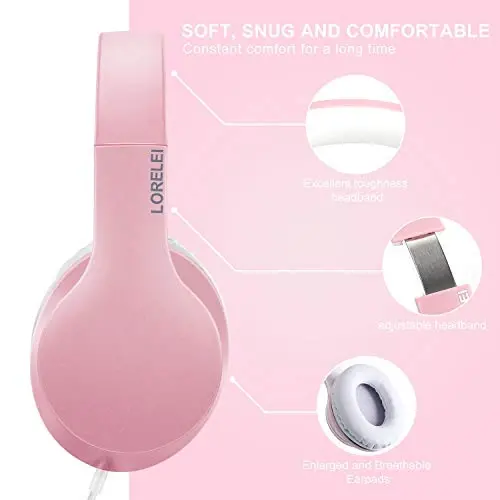 LORELEI X6 Over-Ear Headphones with Microphone, Lightweight Foldable & Portable Stereo Bass Headphones with 1.45M No-Tangle, Wired Headphones for Smartphone Tablet MP3 / 4 (Pearl Pink) - LORELEI (1)