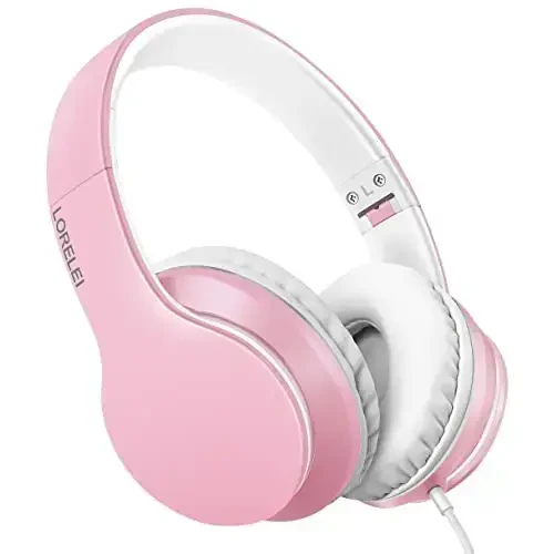 LORELEI X6 Over-Ear Headphones with Microphone, Lightweight Foldable & Portable Stereo Bass Headphones with 1.45M No-Tangle, Wired Headphones for Smartphone Tablet MP3 / 4 (Pearl Pink) - 1
