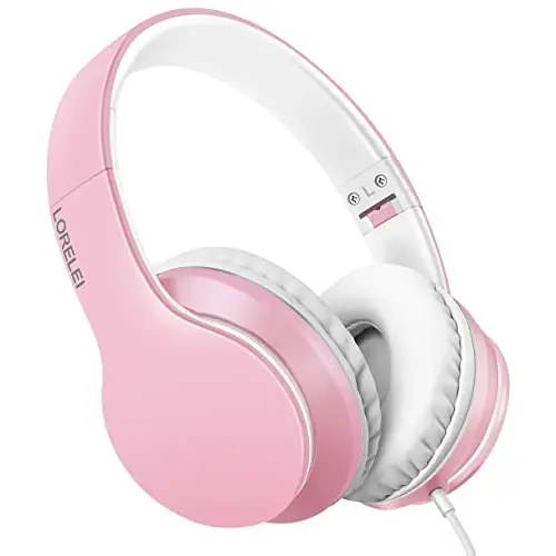 LORELEI X6 Over-Ear Headphones with Microphone, Lightweight Foldable & Portable Stereo Bass Headphones with 1.45M No-Tangle, Wired Headphones for Smartphone Tablet MP3 / 4 (Pearl Pink) - LORELEI
