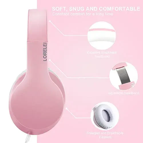 LORELEI X6 Over-Ear Headphones with Microphone, Lightweight Foldable & Portable Stereo Bass Headphones with 1.45M No-Tangle, Wired Headphones for Smartphone Tablet MP3 / 4 (Pearl Pink) - 2