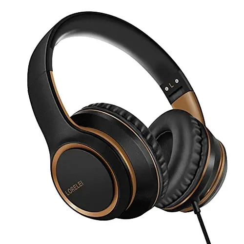 Lorelei X8 Over-Ear Wired Headphones with Microphone with 1.45m-Tangle-Free Nylon Line&3.5mm Plug,Lightweight Foldable & Portable Headphones for Smartphone,Tablet,Computer,Mp3/4(Black-Gold) - 1
