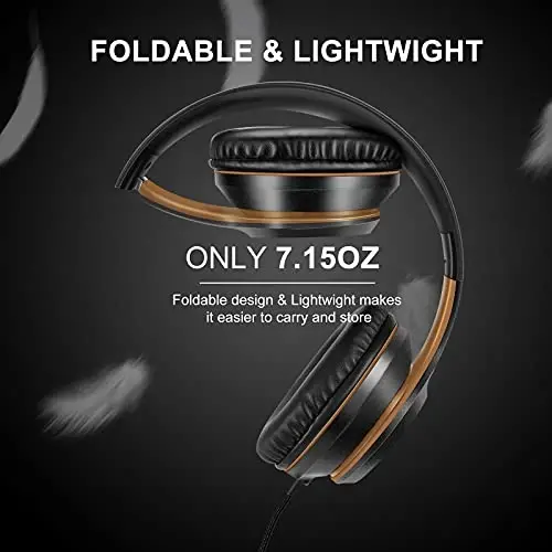 Lorelei X8 Over-Ear Wired Headphones with Microphone with 1.45m-Tangle-Free Nylon Line&3.5mm Plug,Lightweight Foldable & Portable Headphones for Smartphone,Tablet,Computer,Mp3/4(Black-Gold) - 3