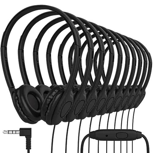 Maeline 20 Pack Black Bulk Headphones with Microphone, On Ear Stereo Headphones Adjustable Band & Faux Leather Cushions for Kids Classroom Online Learning, Library, School, Travel - 3.5mm Plug 