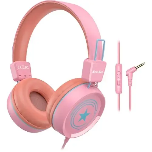 New bee Kids Headphones for School with Microphone KH20 HD Stereo Safe Volume Limited 85dB/94dB Foldable Lightweight On-Ear Headphone for boy Mac/Android/Kindle/Tablet/Pad 