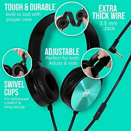 Premium Classroom Headphone with Microphone (5 Pack) - Kids Wired Earphones with Mic for School Students K-12 & Teachers, Soft Swivel On Ear Pads- Perfect for E-Learning, Meetings, Calls -(Colorful) - 4