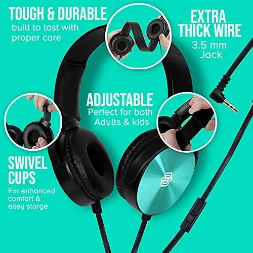 Premium Classroom Headphone with Microphone (5 Pack) - Kids Wired Earphones with Mic for School Students K-12 & Teachers, Soft Swivel On Ear Pads- Perfect for E-Learning, Meetings, Calls -(Colorful) - 4