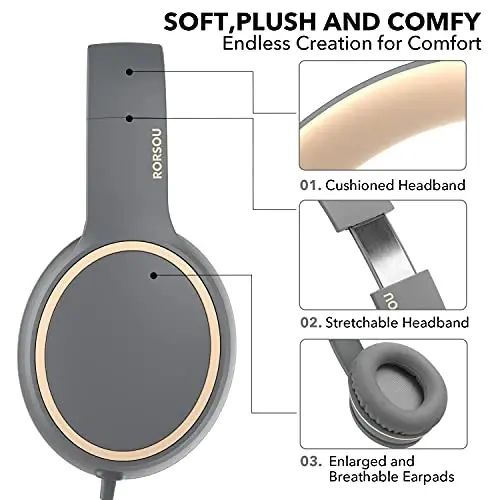 RORSOU R10 Over-Ear Headphones with Microphone, Lightweight Folding Stereo Bass Headset with 1.5M No-Tangle Cord, Portable Wired Headphones for Smartphone Tablet Computer MP3 / 4 (Grey) - 4