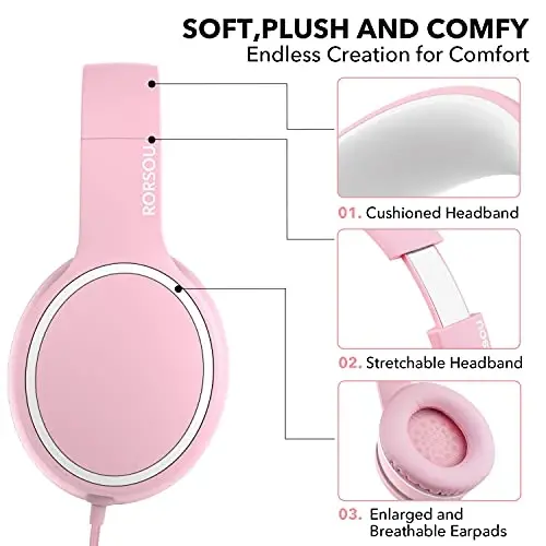 RORSOU R10 Over-Ear Headphones with Microphone, Lightweight Folding Stereo Bass Headset with 1.5M No-Tangle Cord, Portable Wired Headphones for Smartphone Tablet Computer MP3 / 4 (Pink) - 1