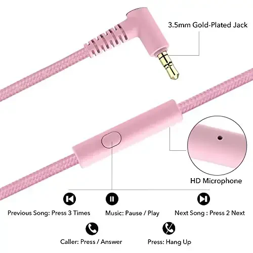 RORSOU R10 Over-Ear Headphones with Microphone, Lightweight Folding Stereo Bass Headset with 1.5M No-Tangle Cord, Portable Wired Headphones for Smartphone Tablet Computer MP3 / 4 (Pink) - 2