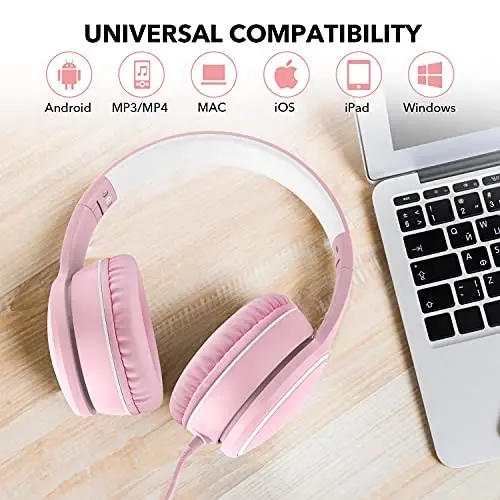 RORSOU R10 Over-Ear Headphones with Microphone, Lightweight Folding Stereo Bass Headset with 1.5M No-Tangle Cord, Portable Wired Headphones for Smartphone Tablet Computer MP3 / 4 (Pink) - 3