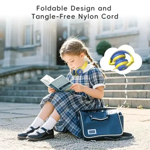 Candy Bila Kids Wired Headphones for Kids with Microphone, 85/94dB Volume Limiter Headphones for Girls Boys, Light Yellow - 3