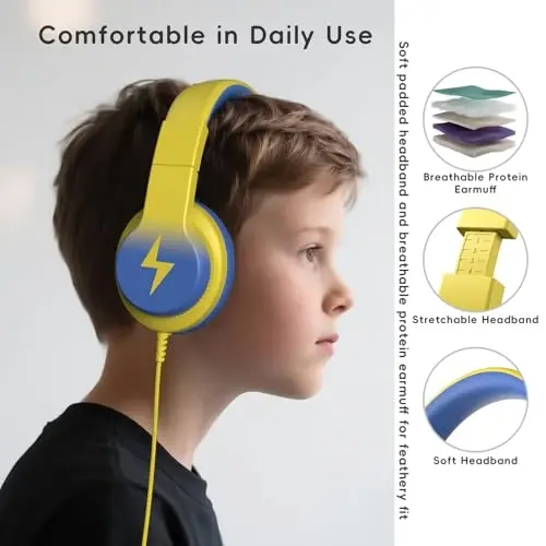 Candy Bila Kids Wired Headphones for Kids with Microphone, 85/94dB Volume Limiter Headphones for Girls Boys, Light Yellow - 4