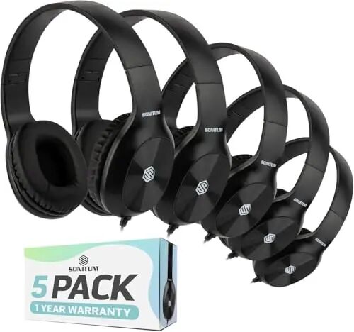 Sonitum Bulk Kids Headphones for School with Microphones - 5-Pack On-Ear 3.5mm Wired Headphones for Schools -Comfy Wired Kids Headphones with in-Line Mics – School Headphones for Kids 