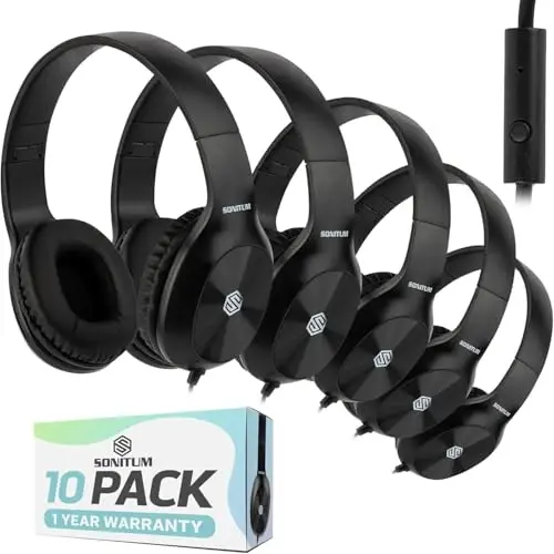 Sonitum Bulk Kids Headphones for School with Microphones - 5-Pack On-Ear 3.5mm Wired Headphones for Schools -Comfy Wired Kids Headphones with in-Line Mics – School Headphones for Kids - 1