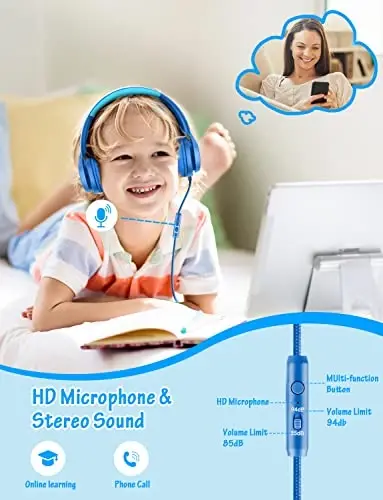 Voopwink Kids Headphones with Microphone, Wired Over Ear Headsets with Limited Volume 85dB/ 94dB for Boys Girls Teens Children Online School/Travel/iPad/Tablet/Cellphone - 2