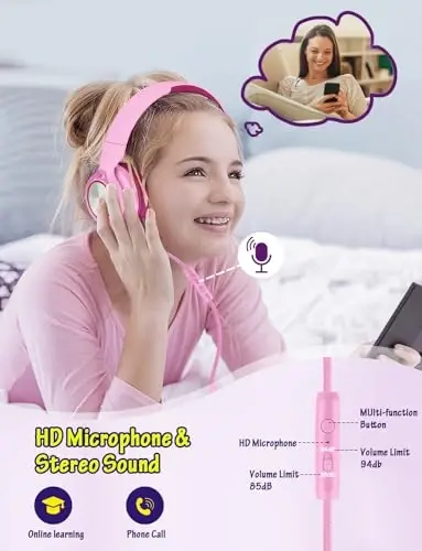 Voopwink Kids Headphones with Microphone, Wired Over Ear Headsets with Limited Volume 85dB/ 94dB for Boys Girls Teens Children Online School/Travel/iPad/Tablet/Cellphone - 2