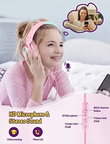 Voopwink Kids Headphones with Microphone, Wired Over Ear Headsets with Limited Volume 85dB/ 94dB for Boys Girls Teens Children Online School/Travel/iPad/Tablet/Cellphone Pink - 2