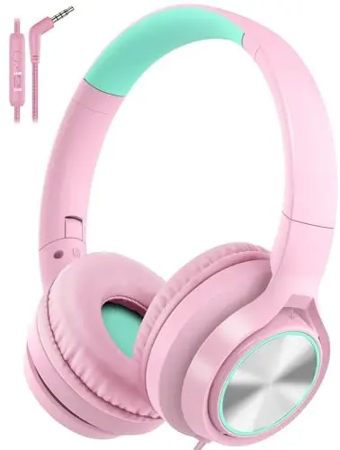 Voopwink Kids Headphones with Microphone, Wired Over Ear Headsets with Limited Volume 85dB/ 94dB for Boys Girls Teens Children Online School/Travel/iPad/Tablet/Cellphone Pink 